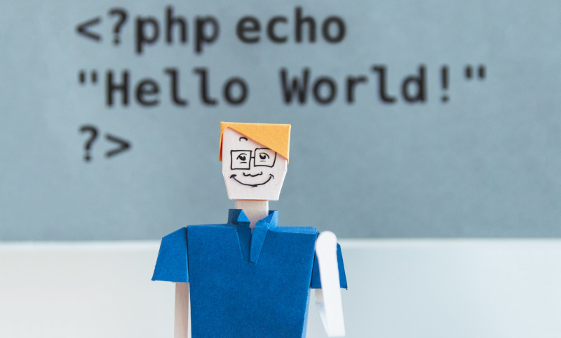 Picture of a paper person infront of code
